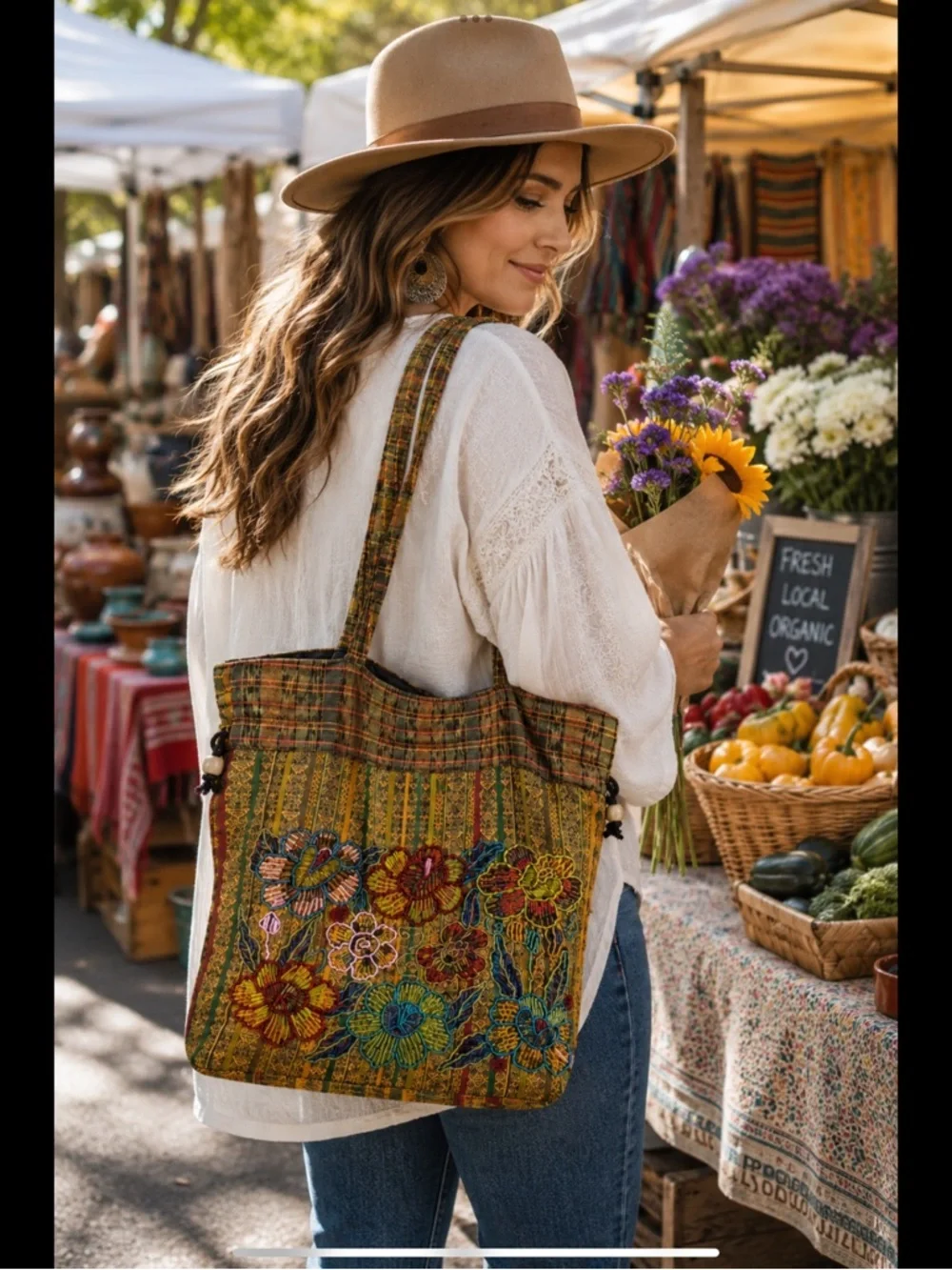 Artisan Beaded Floral Tote Bag Drawstring Purse Boho Embroidered Lined Handbag